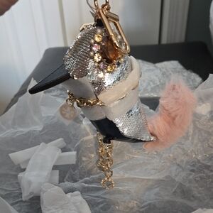 Tory Burch Silver and Pink Sequin Bird Keychain